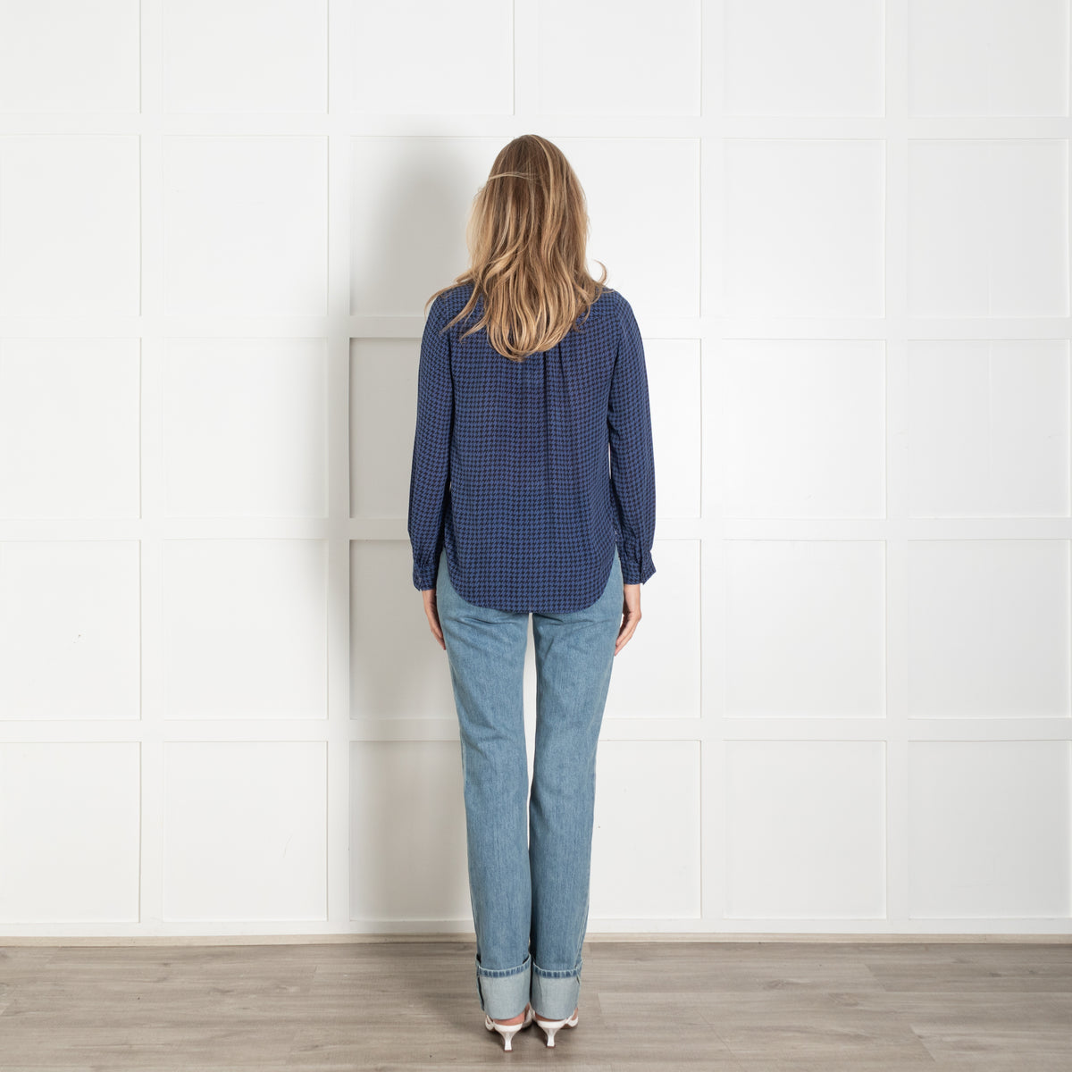 L'Agence Blue Black Print Silk Button Up Blouse