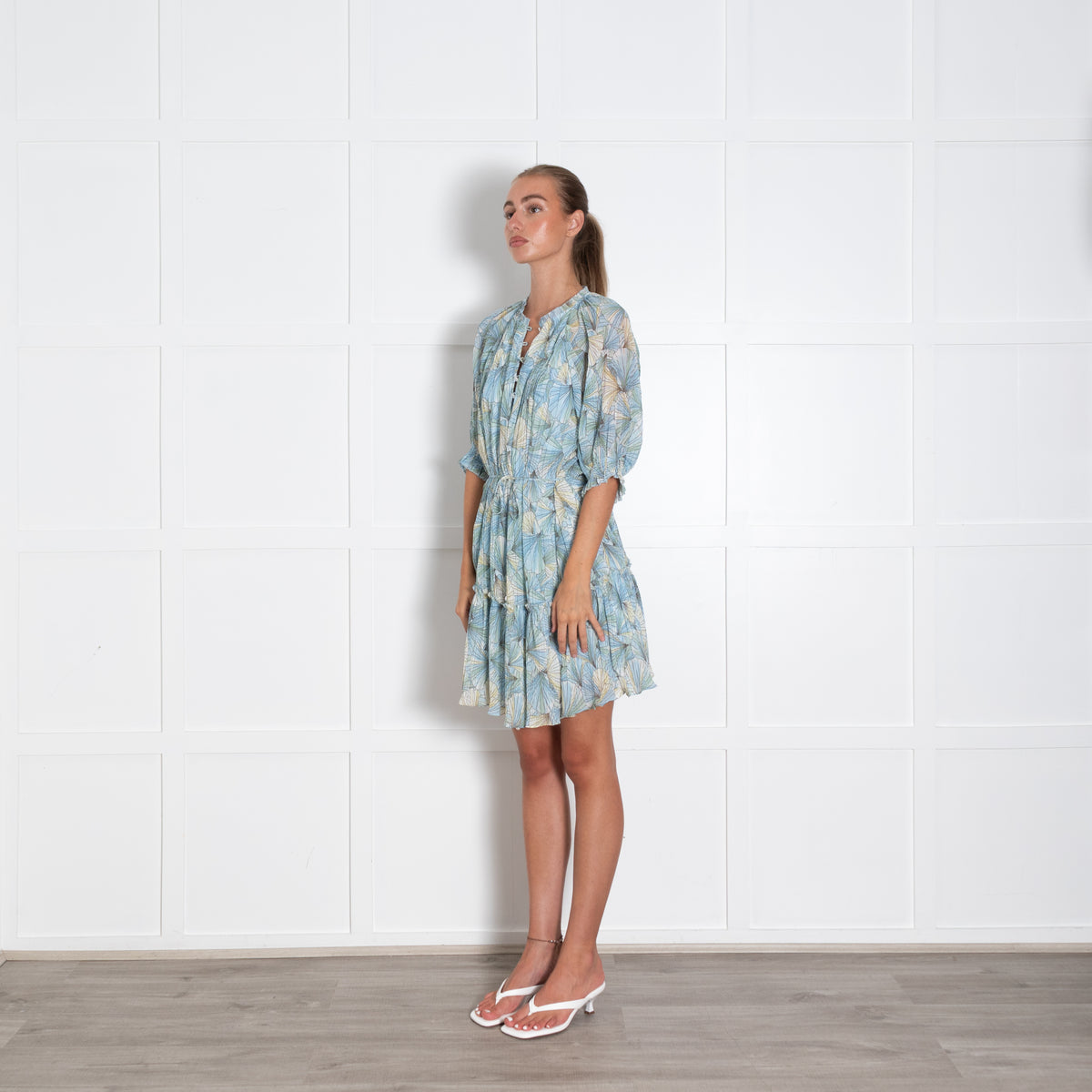 Veronica Beard Blue Yellow Green Floral Pattern Pleated Mini Dress