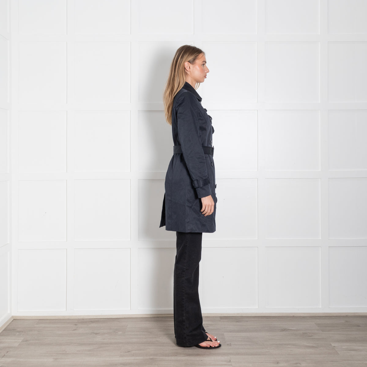 Soaked In Luxury Navy Frill Detail Belted Trench Coat