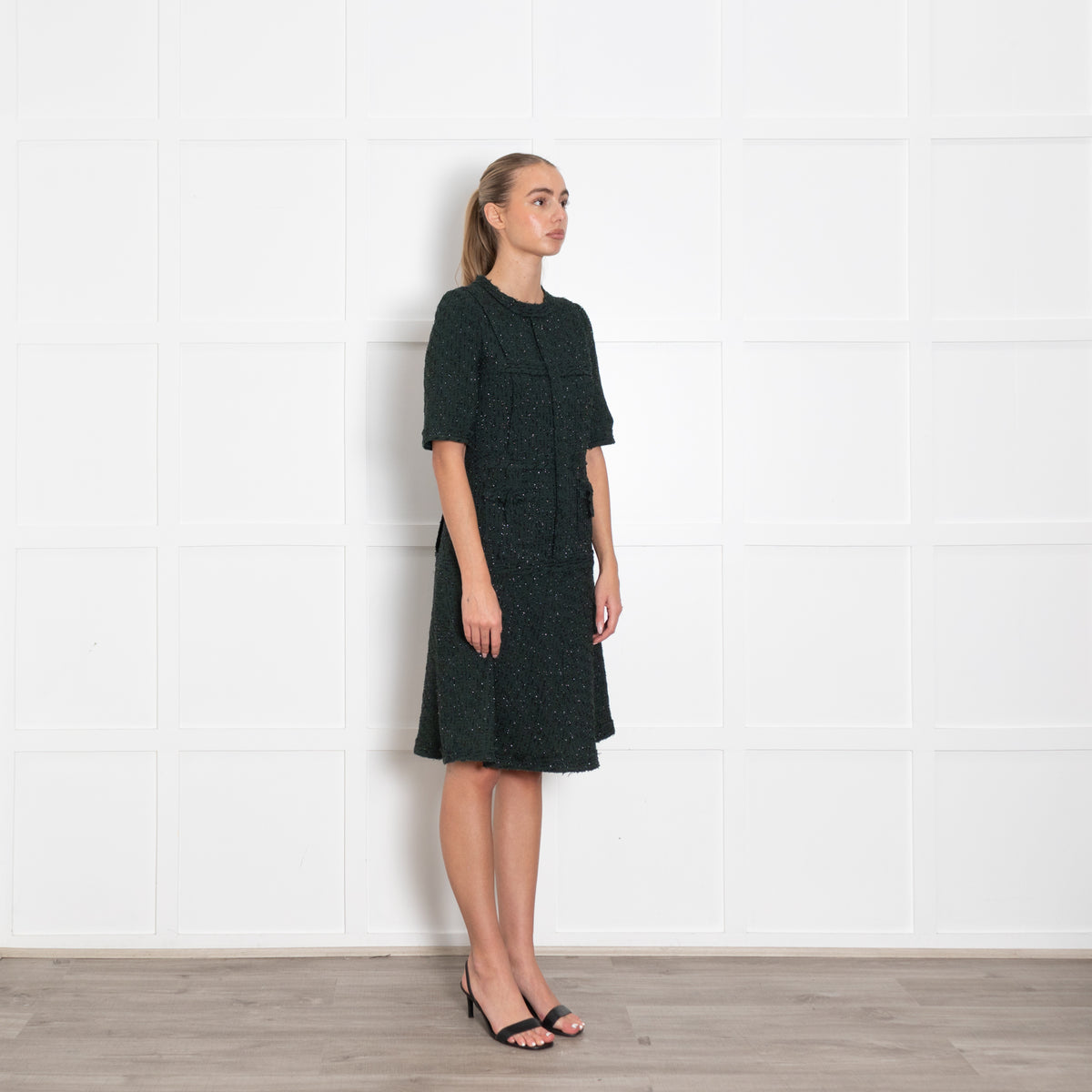 Teri Jon Dark Green Black Lurex Fleck Short Sleeve Dress