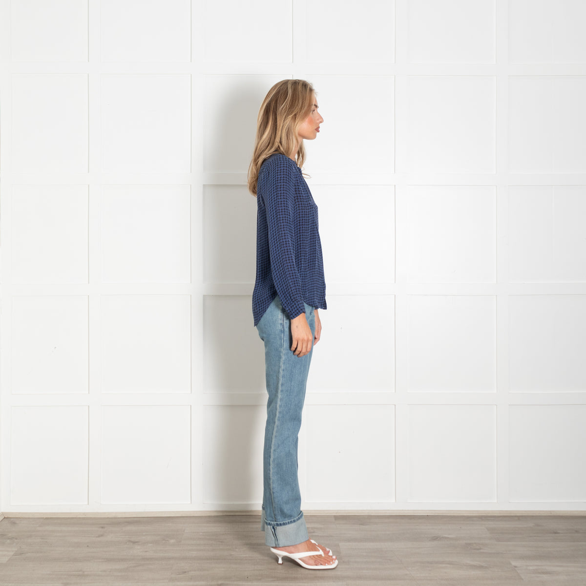L'Agence Blue Black Print Silk Button Up Blouse