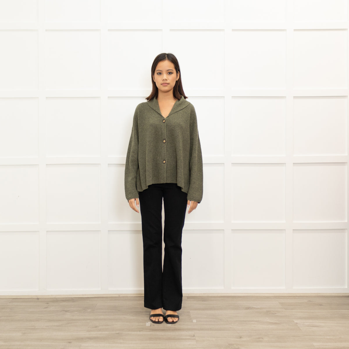 Poetry Khaki Cashmere Shawl Collar Cardigan