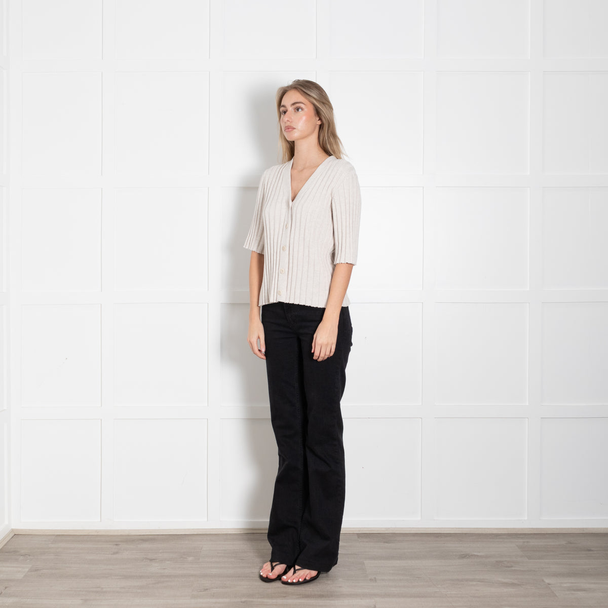 Kinross Beige Cotton Rib Short Sleeve Top With Buttons