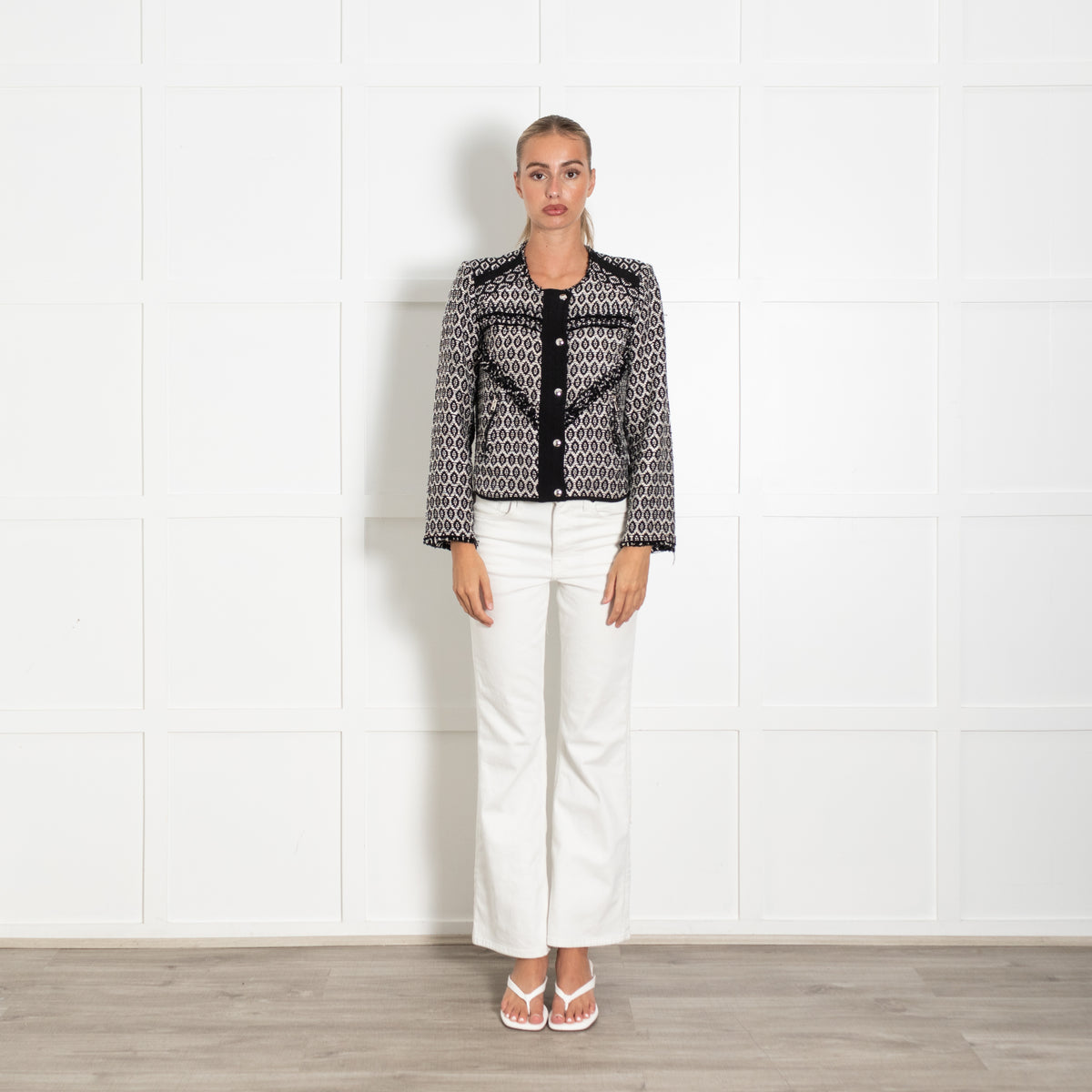 IRO Black And Silver Geometric Weave Pattern Fringe Trim Jacket