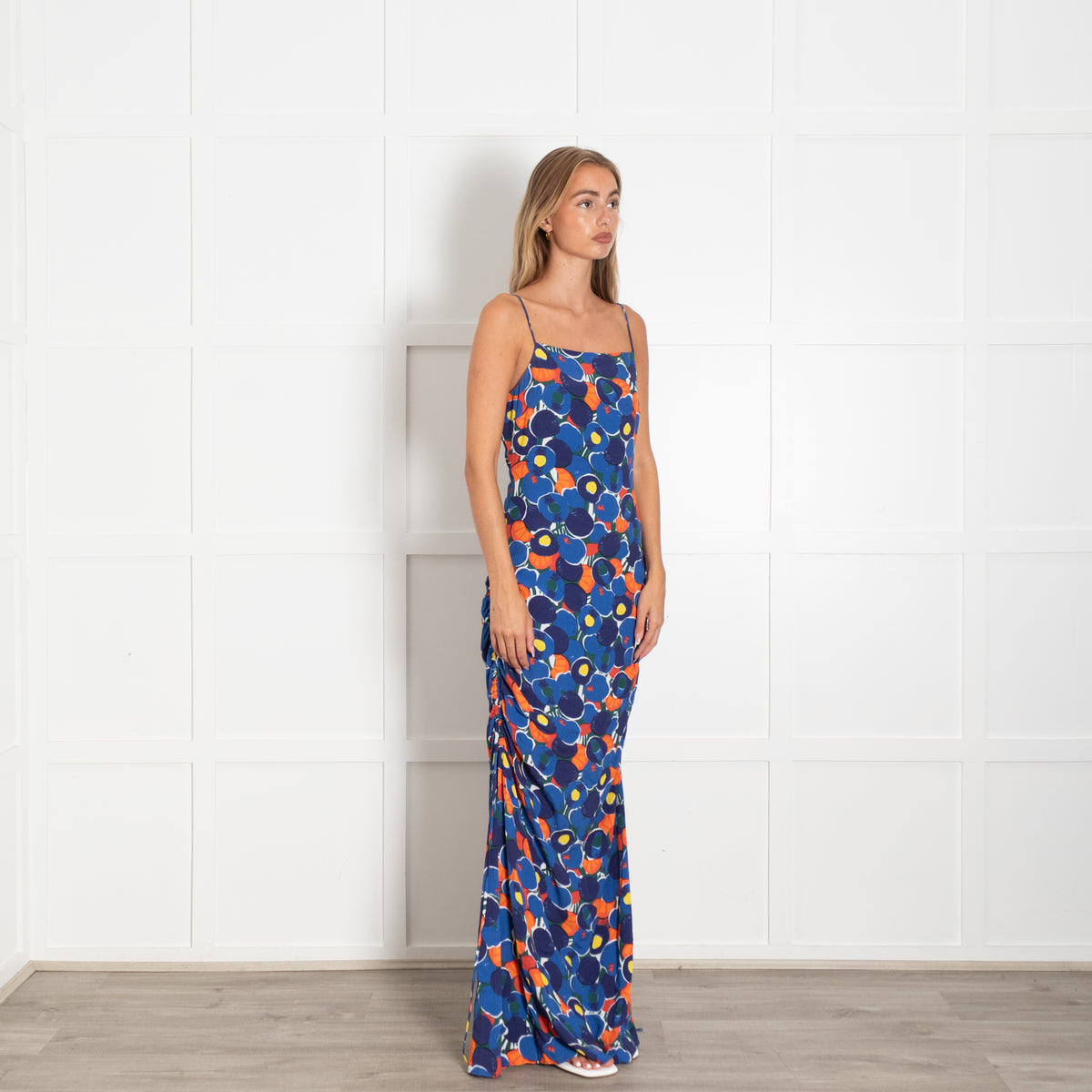 Staud Blue Orange Floral Pattern Strappy Maxi Dress