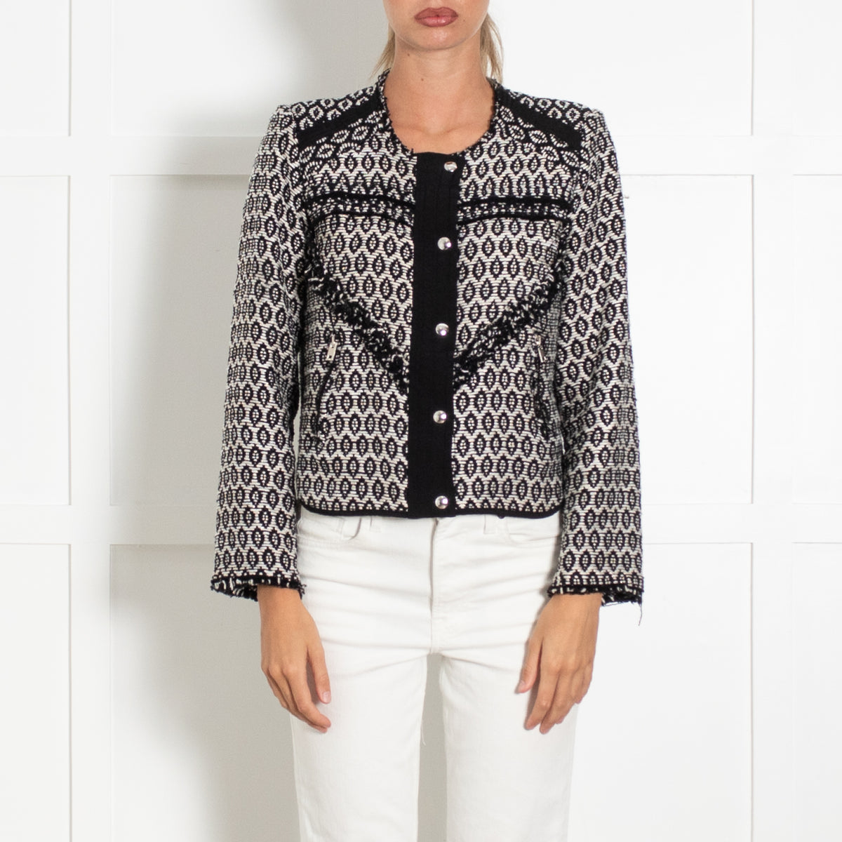 IRO Black And Silver Geometric Weave Pattern Fringe Trim Jacket