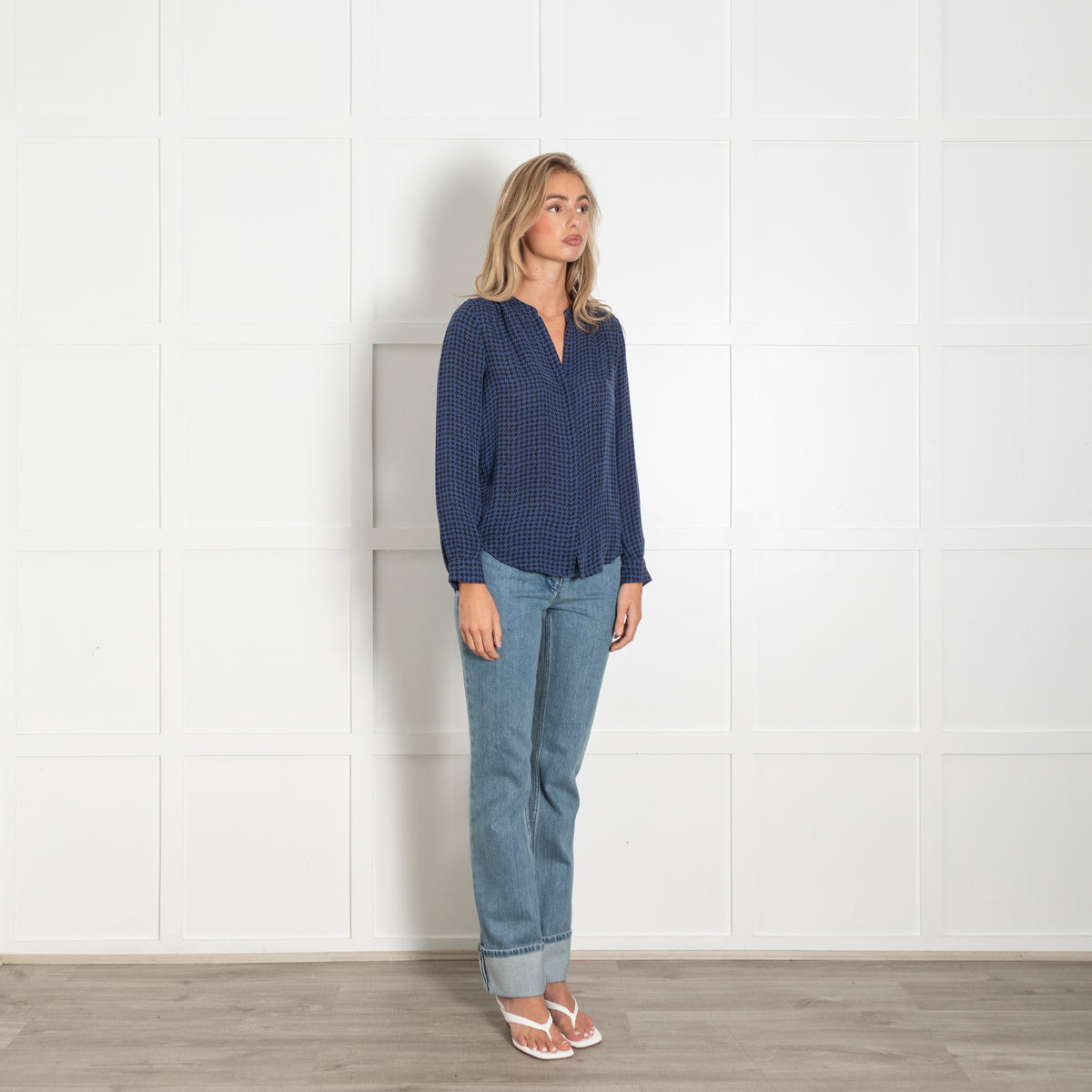L'Agence Blue Black Print Silk Button Up Blouse
