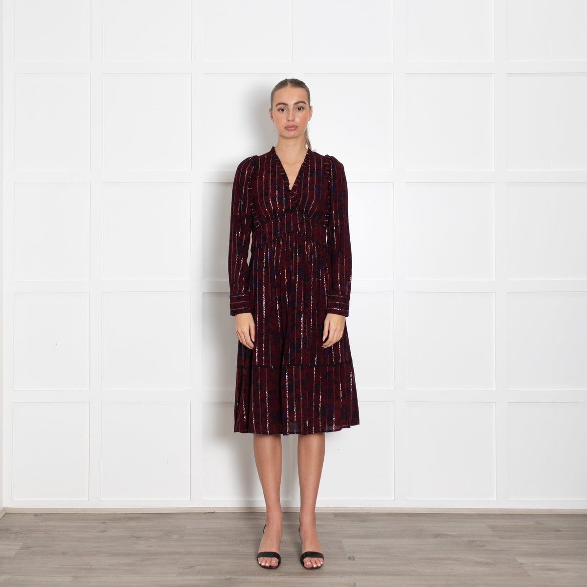 BA&SH Burgundy Navy Silver Tread Midi Long Sleeve Dress