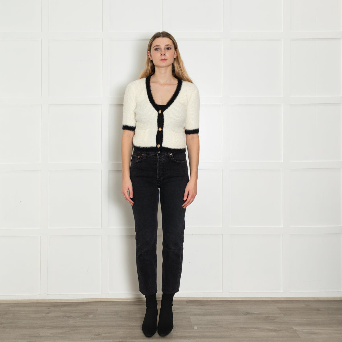 L'Agence Cream Black Gold Button Short Sleeve Cardigan