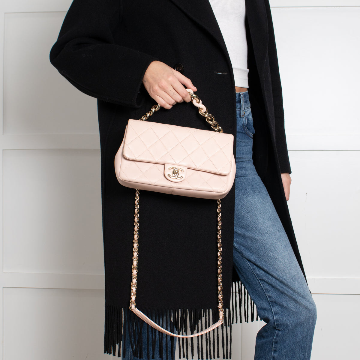 Chanel Beige Pink Leather Bi-Colour Chain Flap Bag