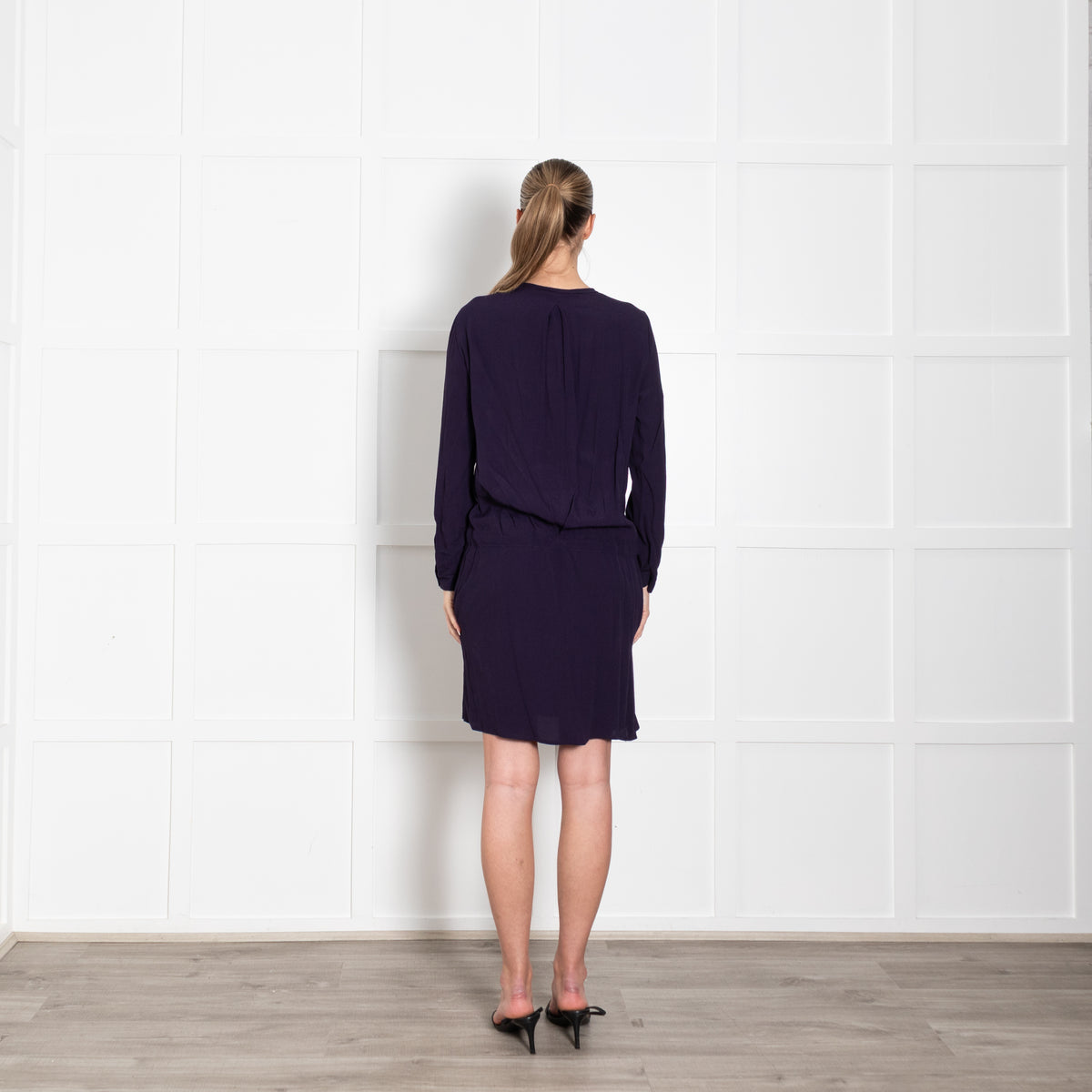 DVF Purple Pleats Detail Long Sleeve Dress