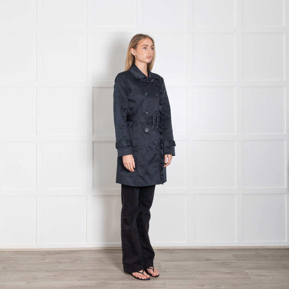 Soaked In Luxury Navy Frill Detail Belted Trench Coat
