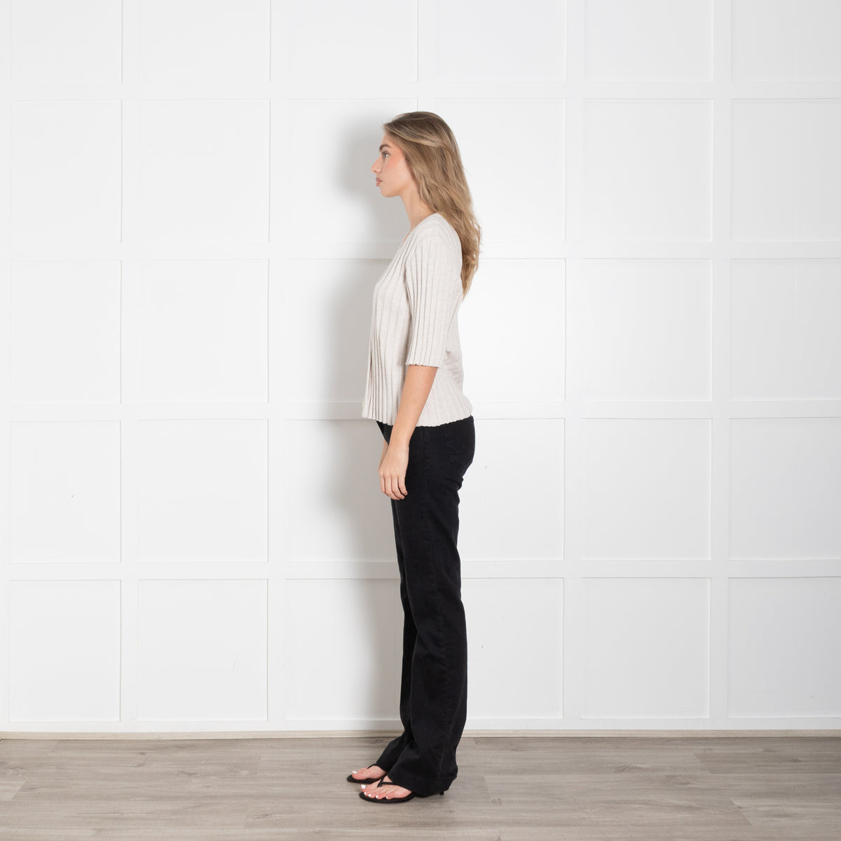 Kinross Beige Cotton Rib Short Sleeve Top With Buttons