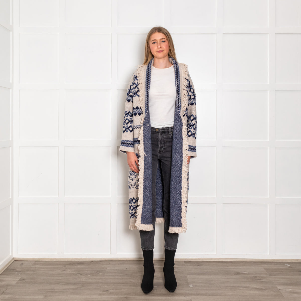 Hale Bob Blue And White Fringed Long Cardigan