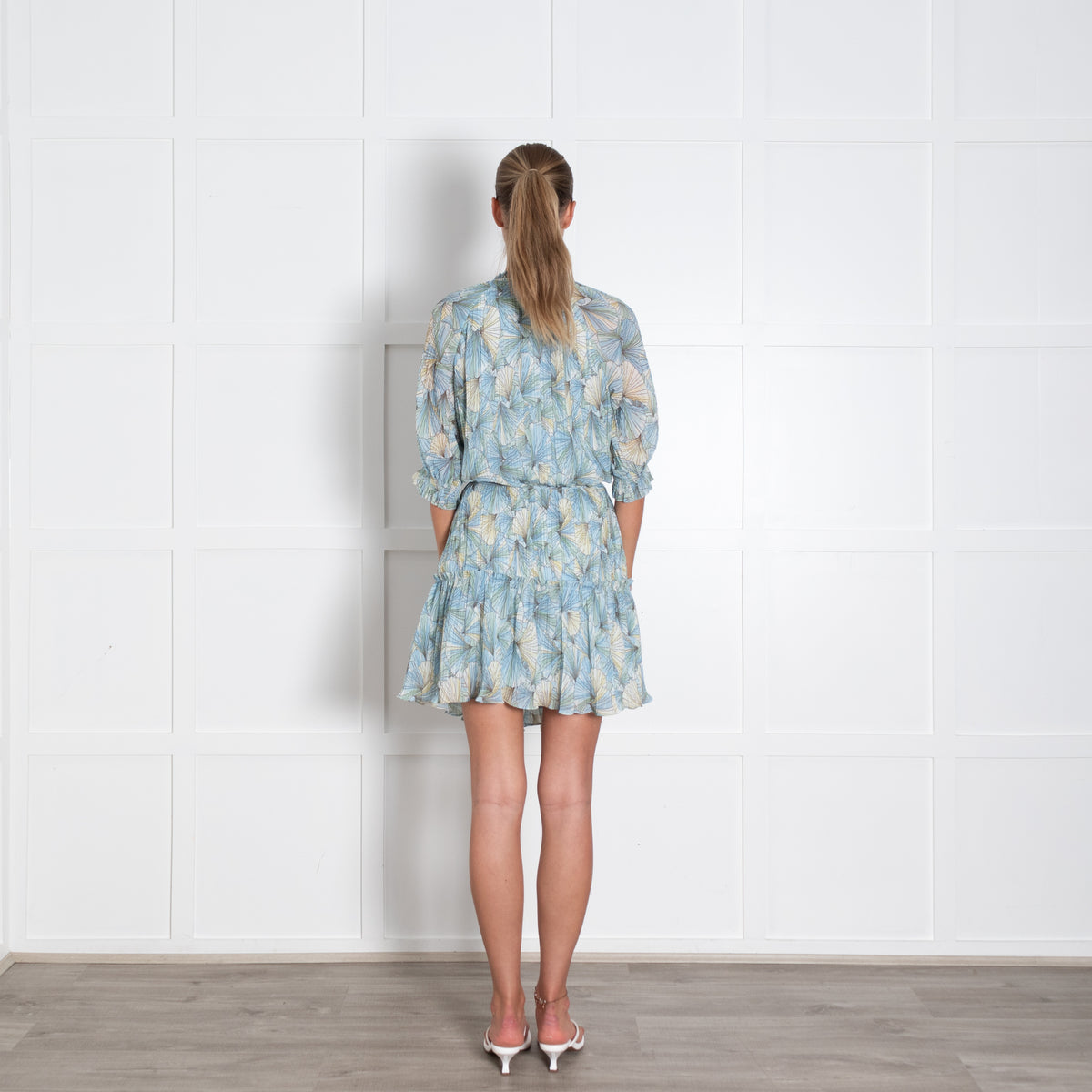 Veronica Beard Blue Yellow Green Floral Pattern Pleated Mini Dress