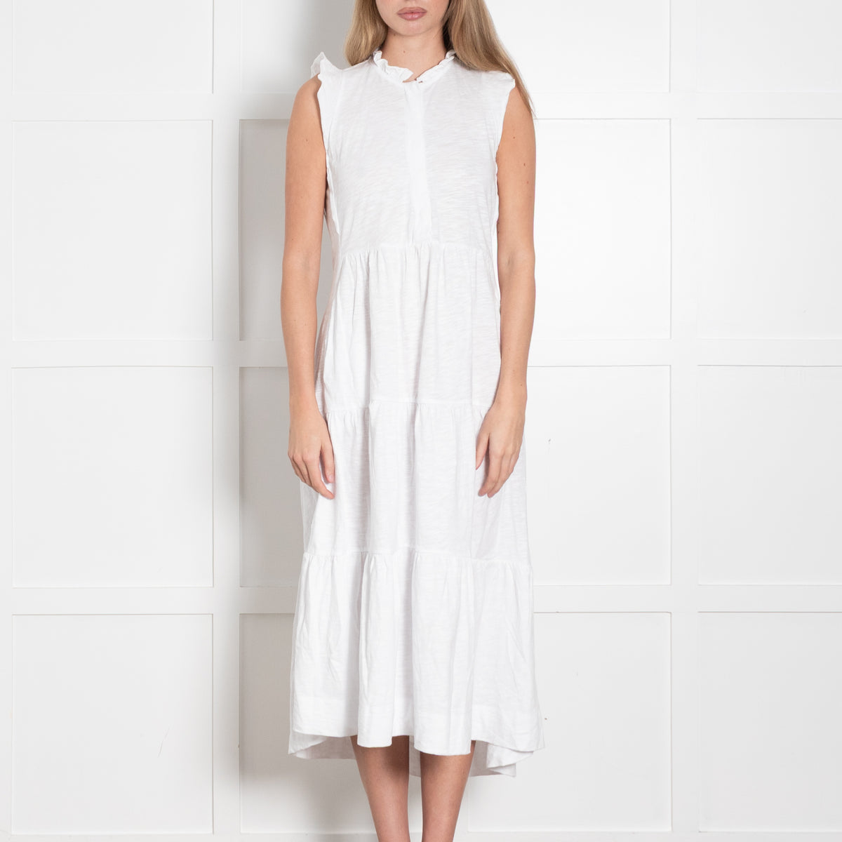 Me + Em White Cotton Tiered Midi Dress
