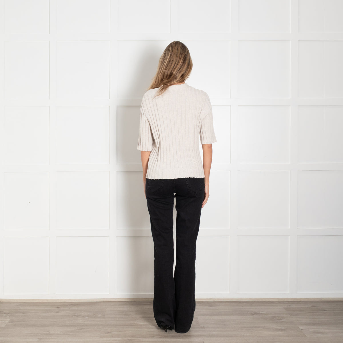 Kinross Beige Cotton Rib Short Sleeve Top With Buttons