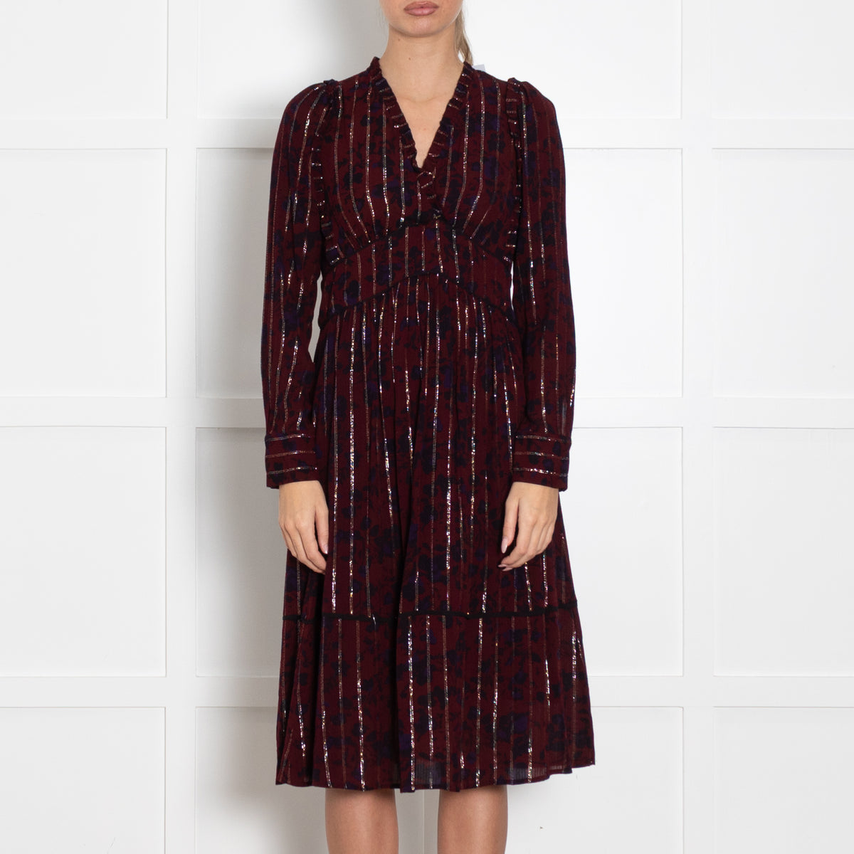 BA&SH Burgundy Navy Silver Tread Midi Long Sleeve Dress