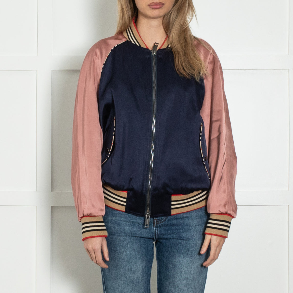 Burberry Blue and Pink Monogram Detail Bomber Jacket