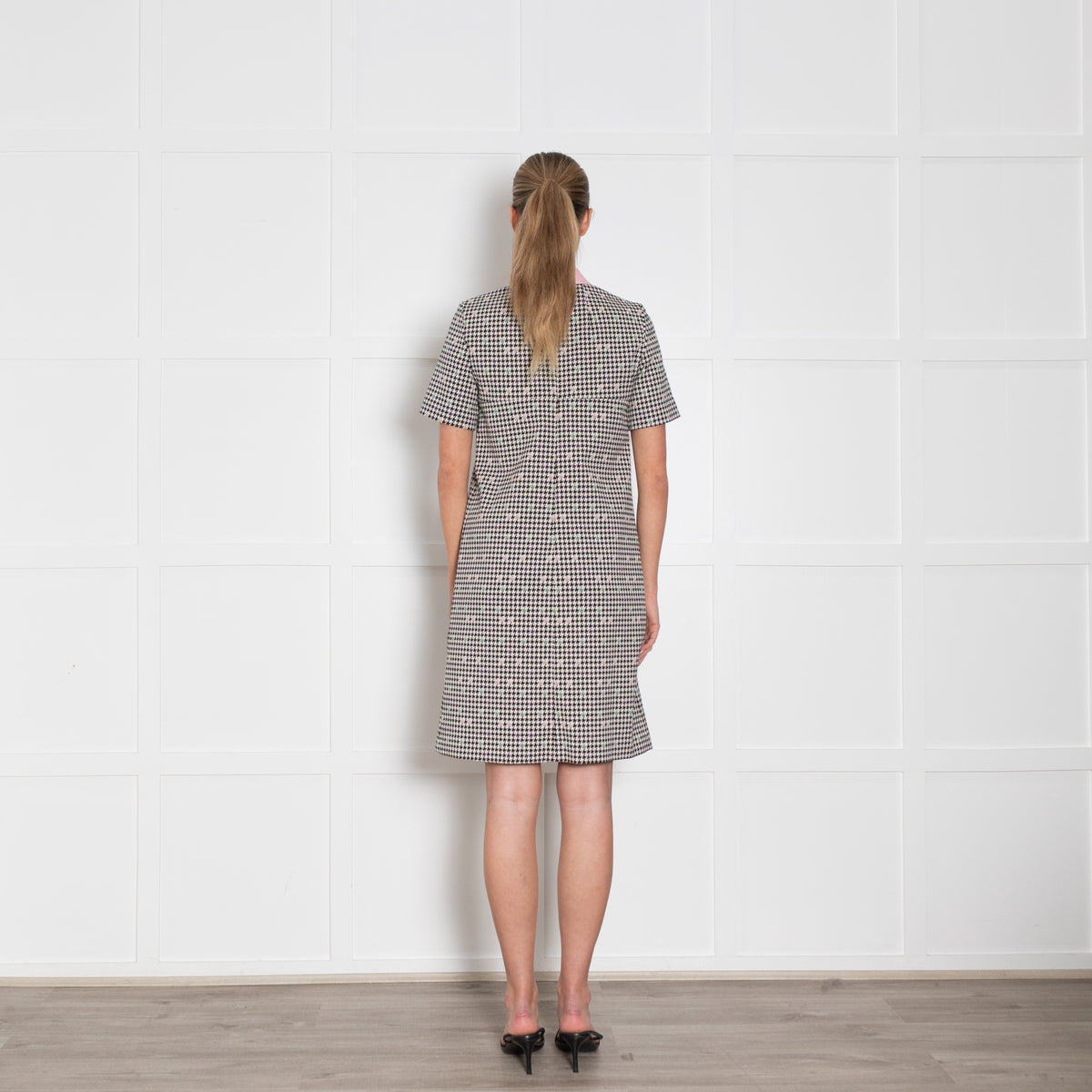 Paule Ka Cream Black Houndstooth Pattern Pink Collard Cotton Blend Midi Dress