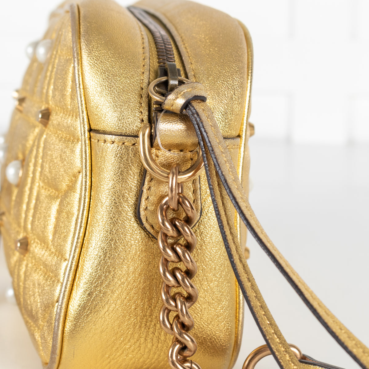 Gucci GG Marmont Gold Leather Pearl Crossbody Bag