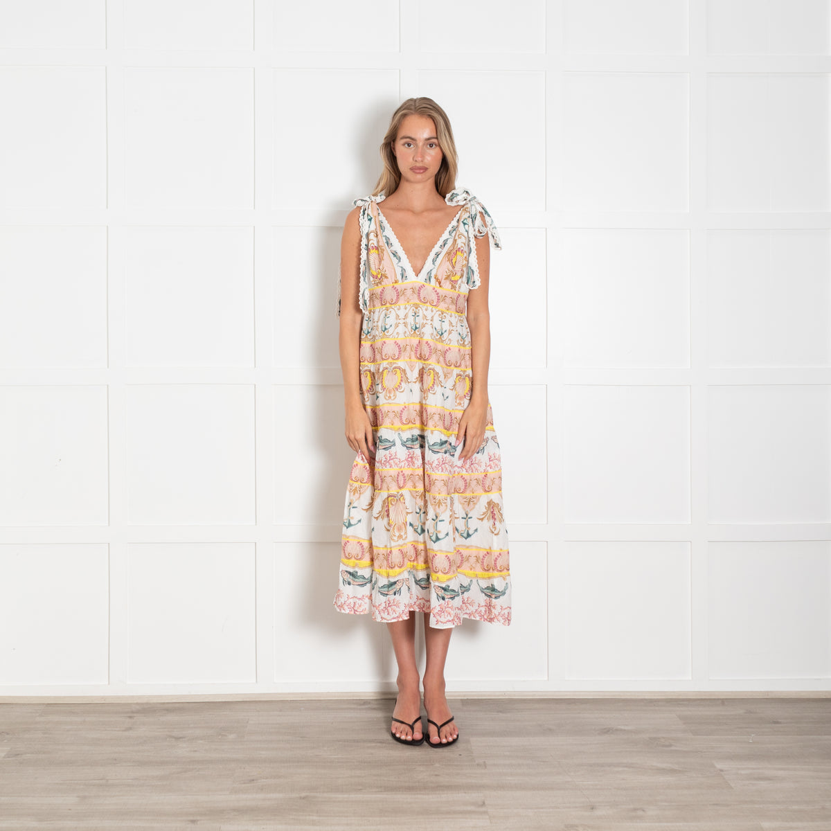 Farm Rio Cream Peach Cotton Tiered Sleeveless Dress