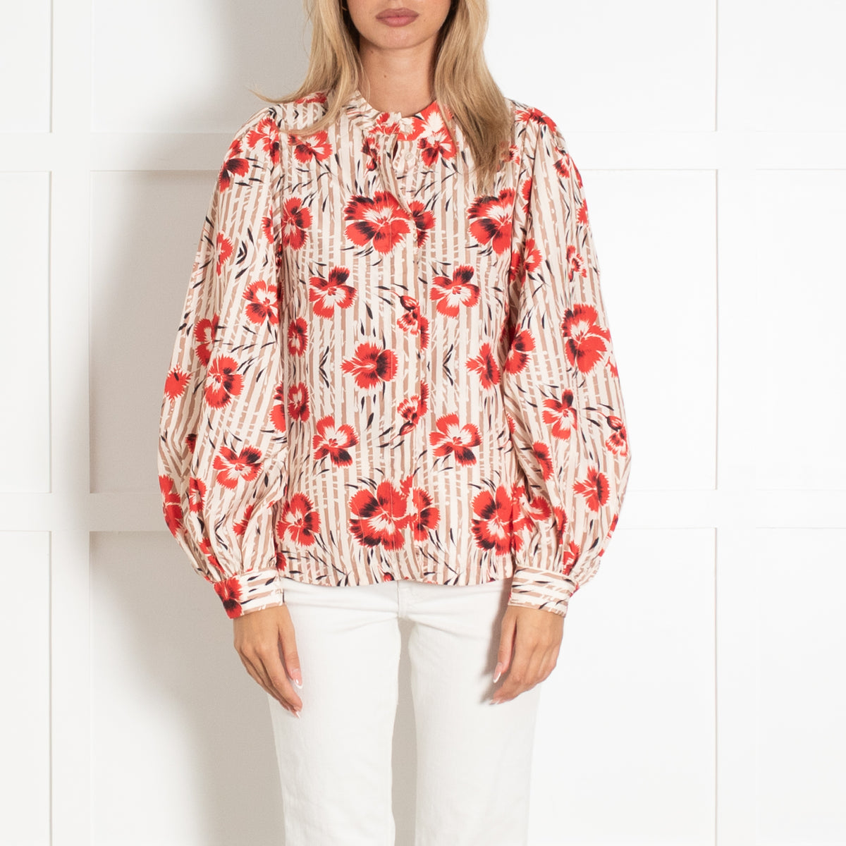 Essentiel Antwerp Cream Beige Red Floral Front Button Top UK 10