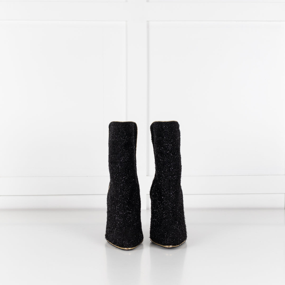 Balmain Black Lurex Sparkle Fabric Gold Trim Ankle Boots