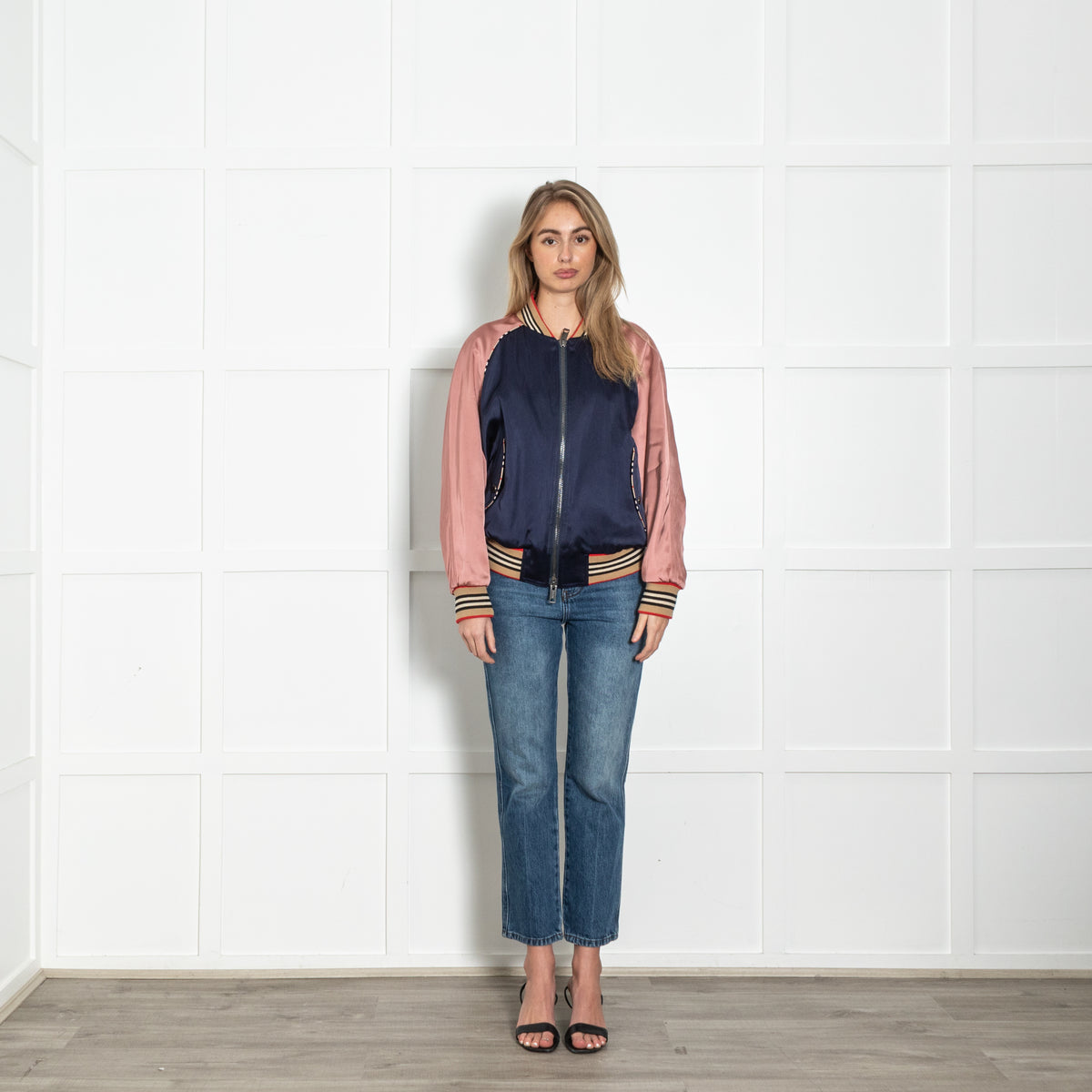 Burberry Blue and Pink Monogram Detail Bomber Jacket