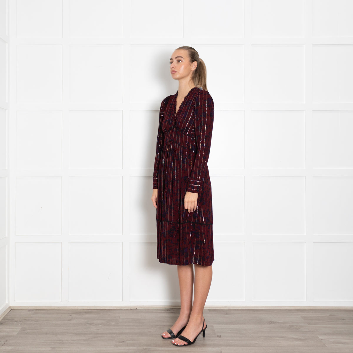 BA&SH Burgundy Navy Silver Tread Midi Long Sleeve Dress