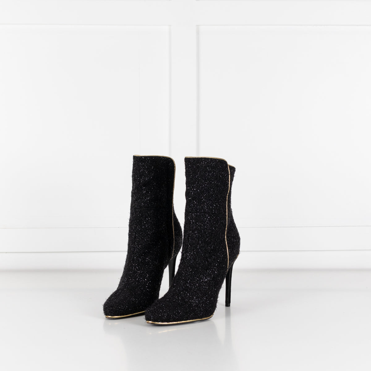 Balmain Black Lurex Sparkle Fabric Gold Trim Ankle Boots