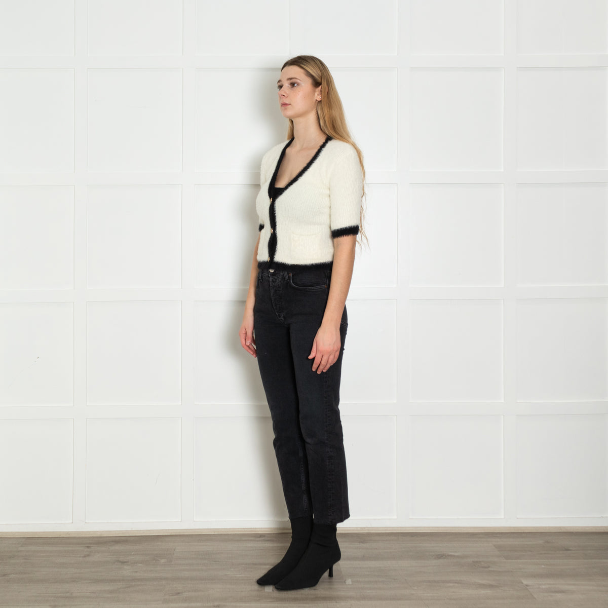 L'Agence Cream Black Gold Button Short Sleeve Cardigan