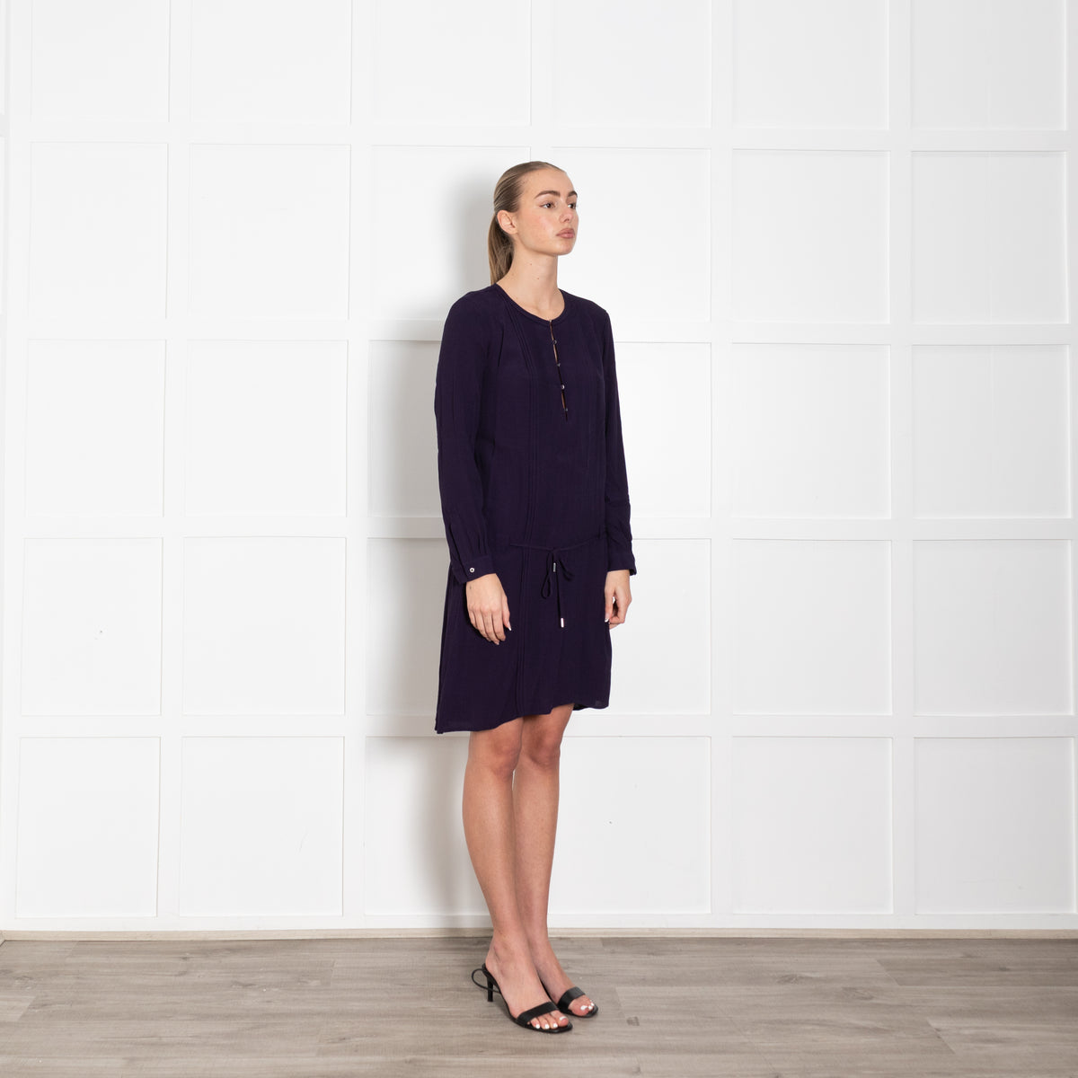 DVF Purple Pleats Detail Long Sleeve Dress