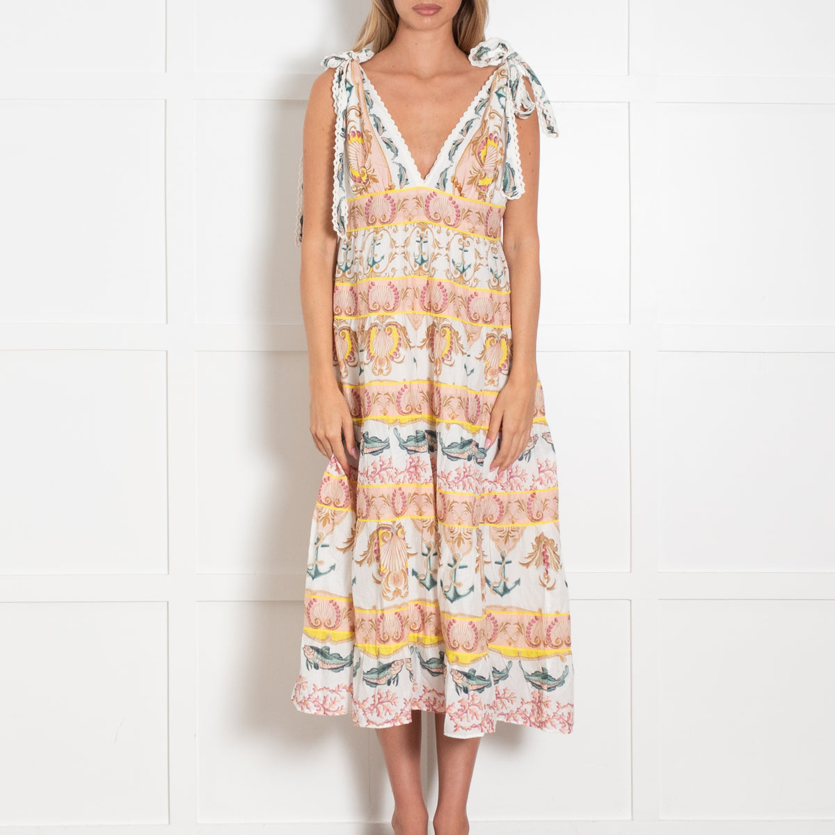 Farm Rio Cream Peach Cotton Tiered Sleeveless Dress