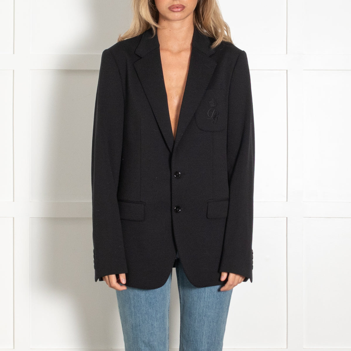 Dolce & Gabbana Black Wool Blend Logo Embroidered Pocket Blazer