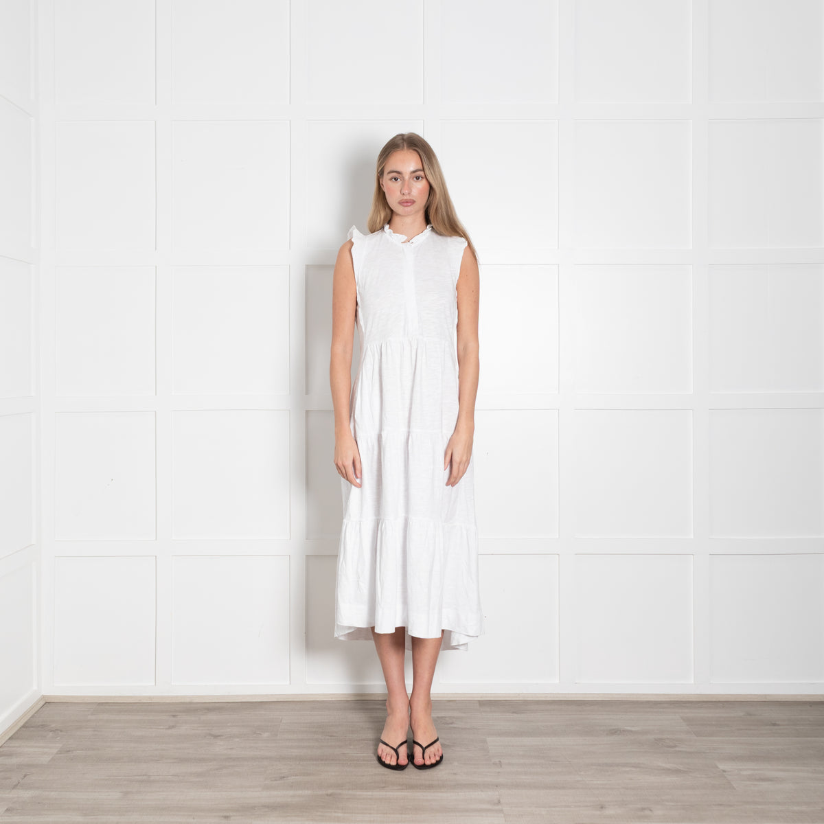 Me + Em White Cotton Tiered Midi Dress