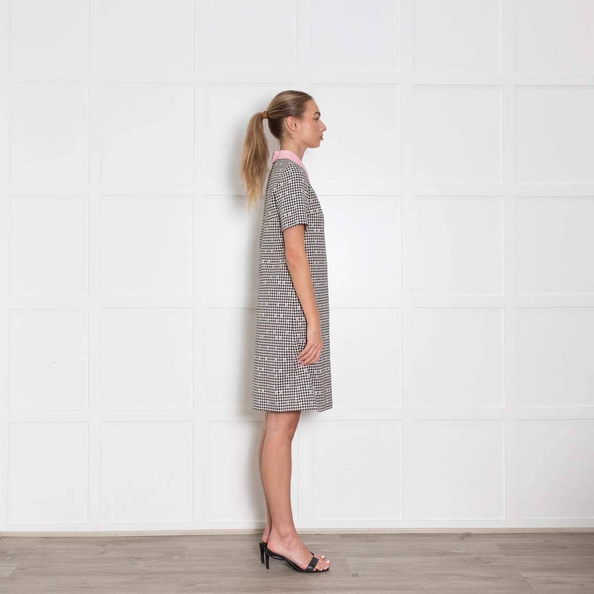 Paule Ka Cream Black Houndstooth Pattern Pink Collard Cotton Blend Midi Dress