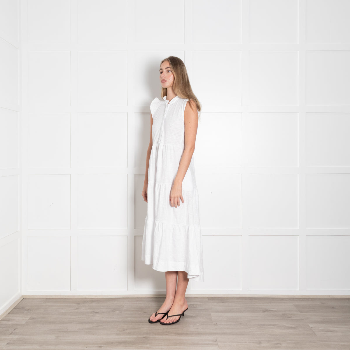 Me + Em White Cotton Tiered Midi Dress