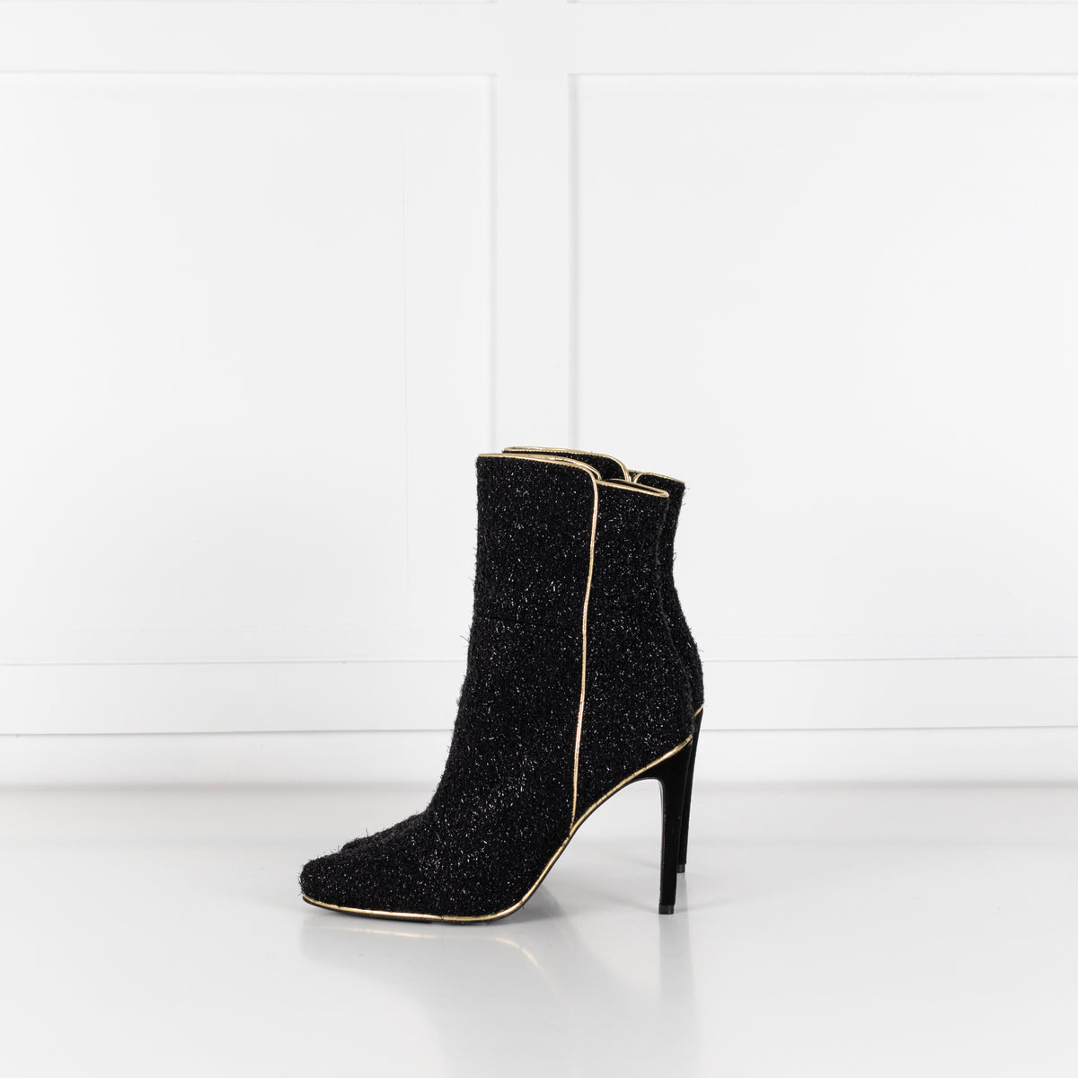 Balmain Black Lurex Sparkle Fabric Gold Trim Ankle Boots