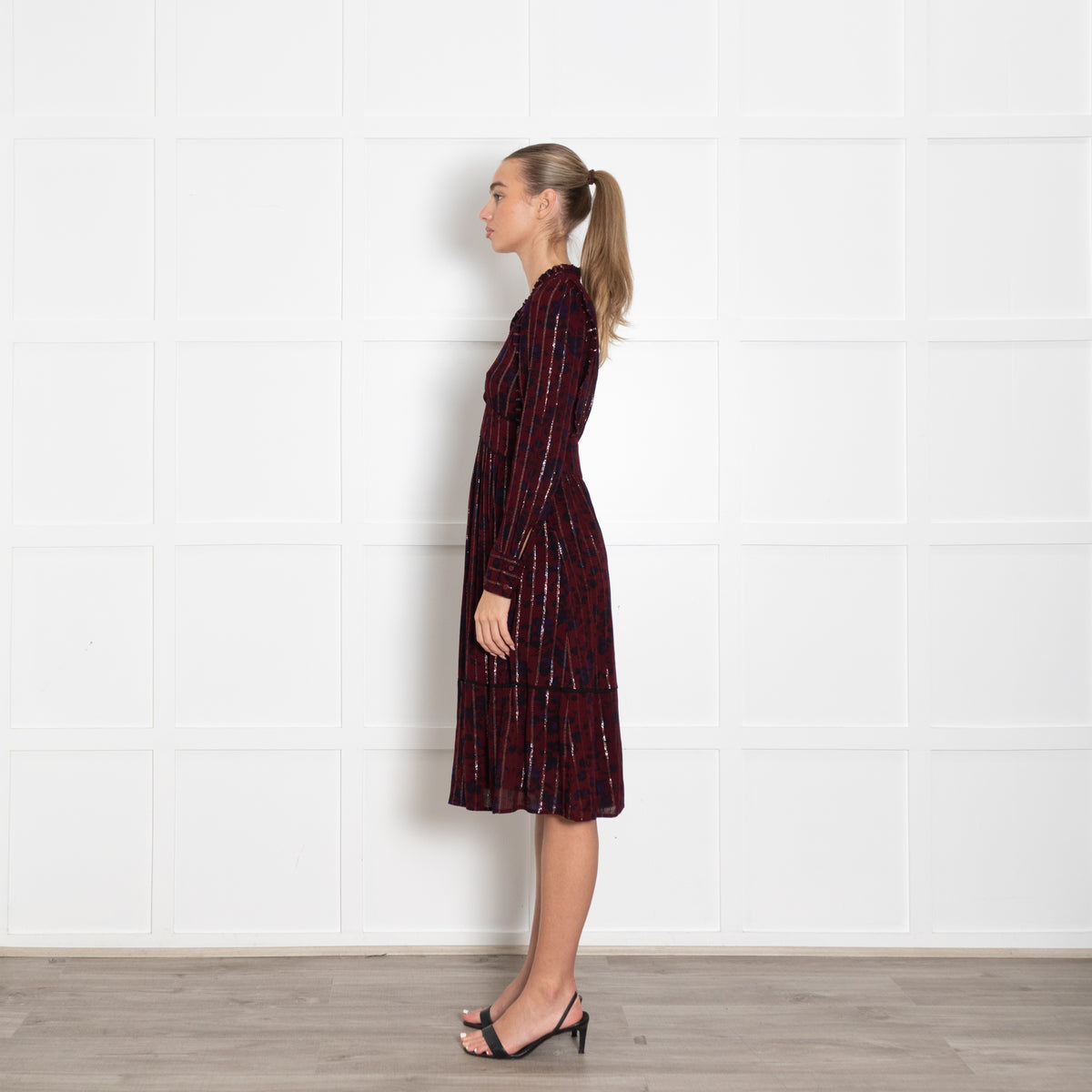 BA&SH Burgundy Navy Silver Tread Midi Long Sleeve Dress