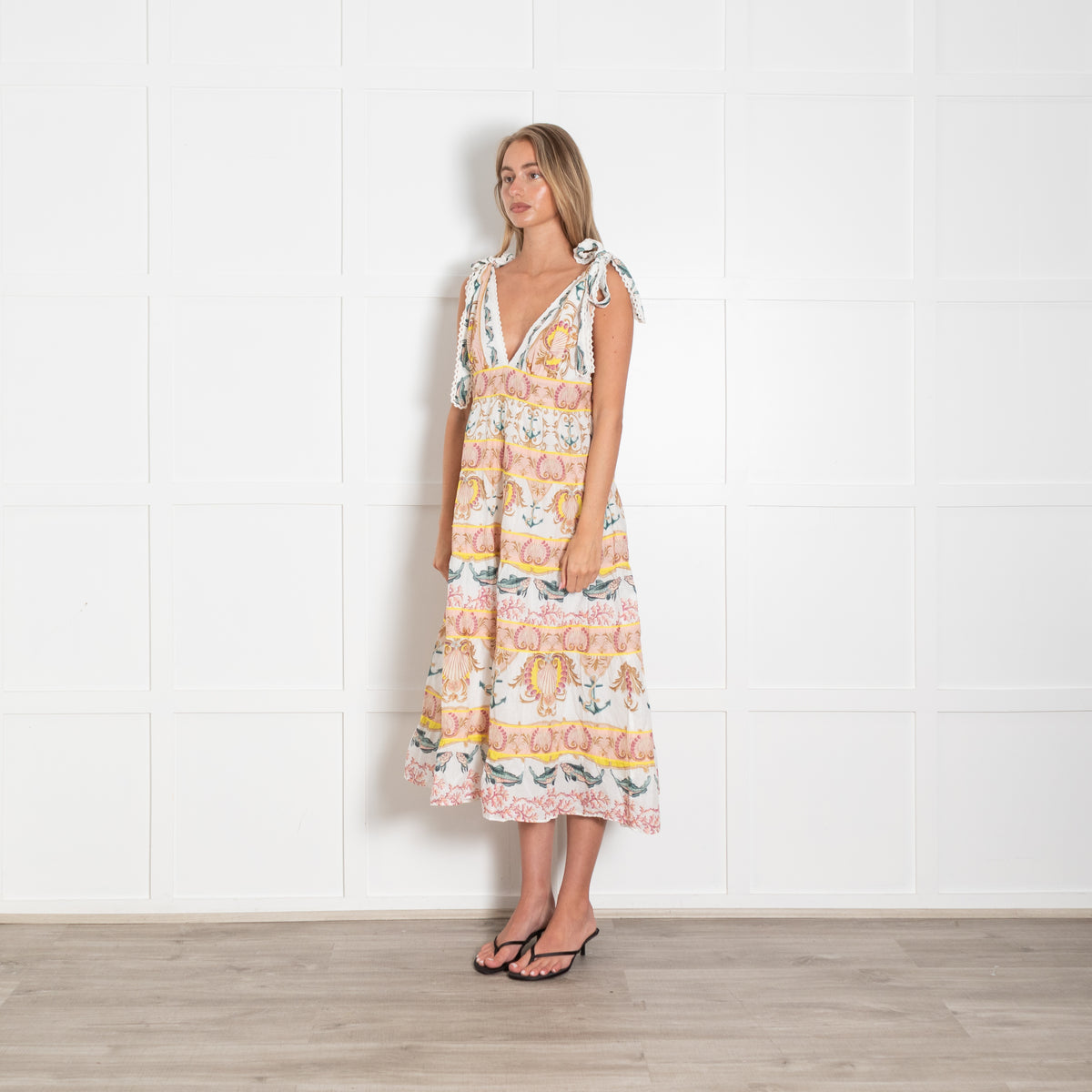 Farm Rio Cream Peach Cotton Tiered Sleeveless Dress