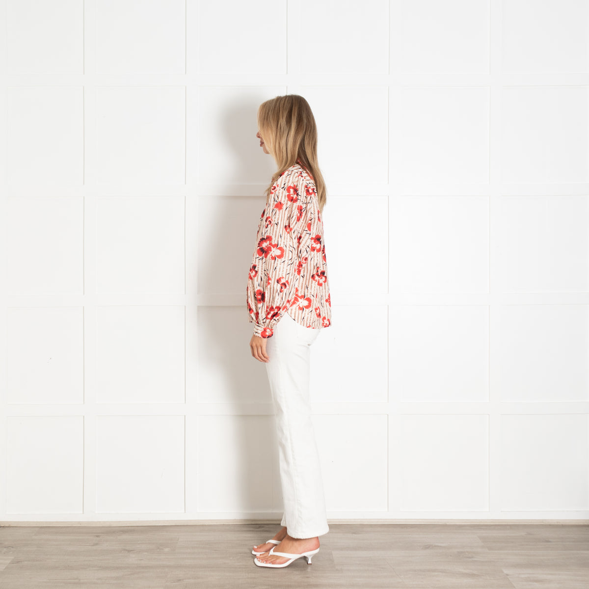 Essentiel Antwerp Cream Beige Red Floral Front Button Top UK 10