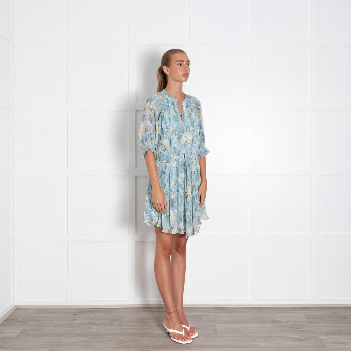Veronica Beard Blue Yellow Green Floral Pattern Pleated Mini Dress