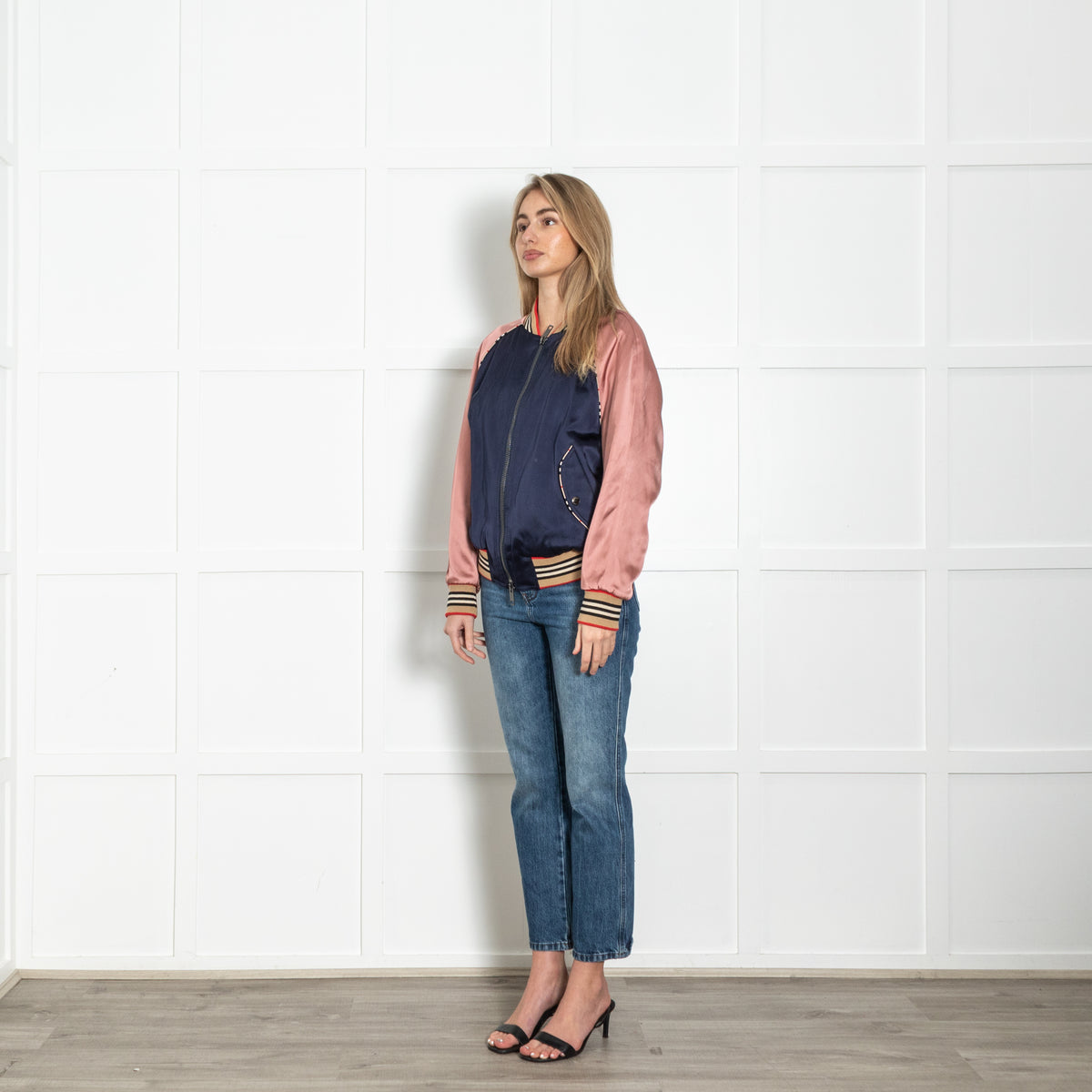 Burberry Blue and Pink Monogram Detail Bomber Jacket