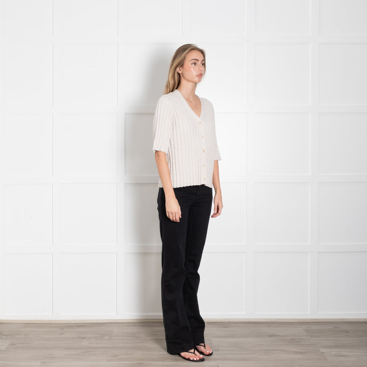 Kinross Beige Cotton Rib Short Sleeve Top With Buttons