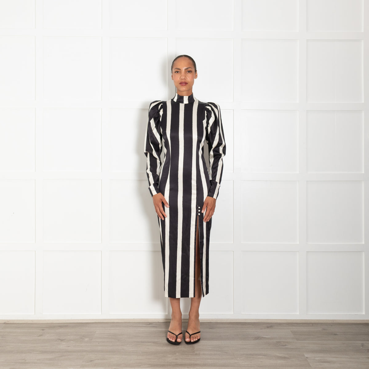 Rotate Birger Christensen Theresa Black & White Striped Dress With Puffed Sleeves