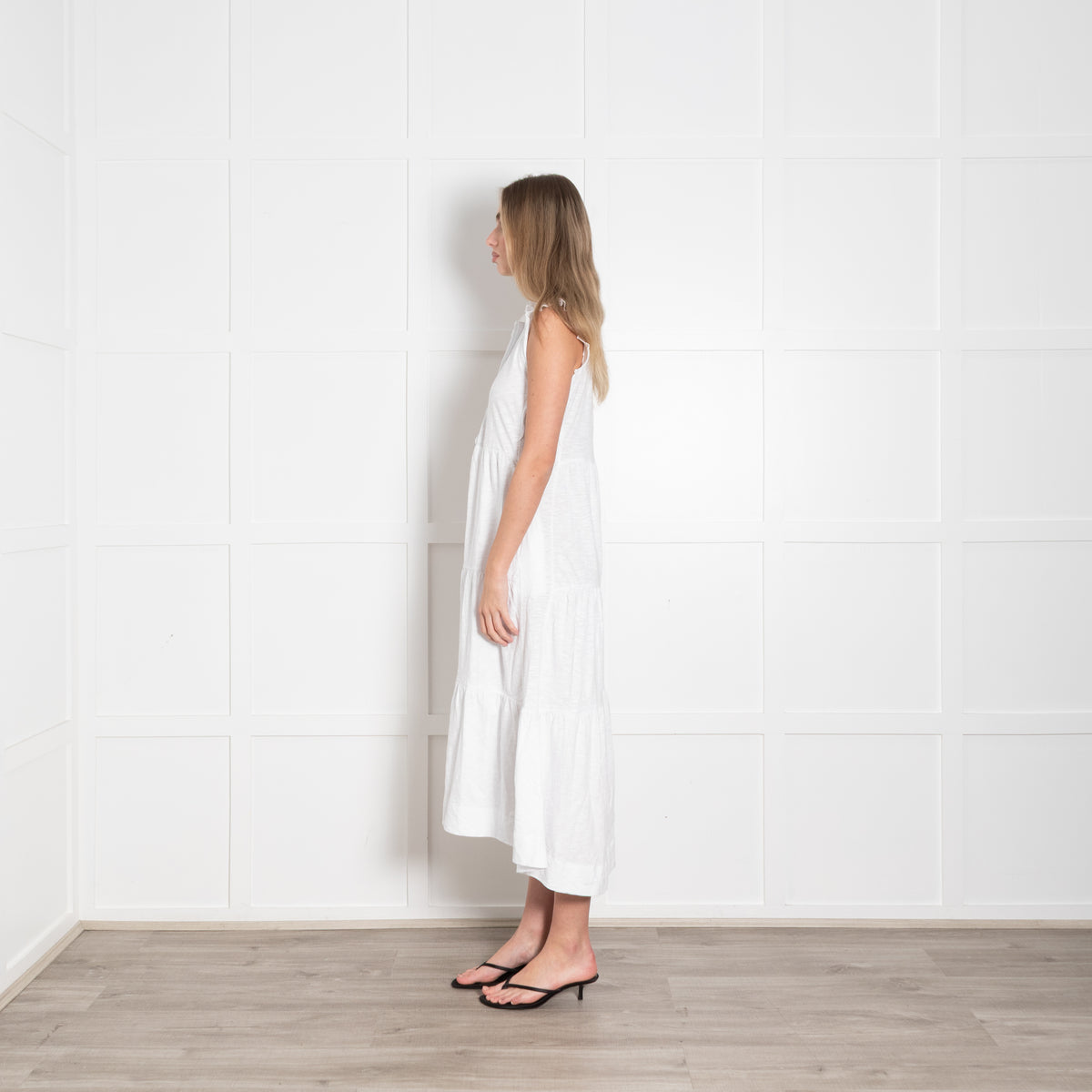Me + Em White Cotton Tiered Midi Dress