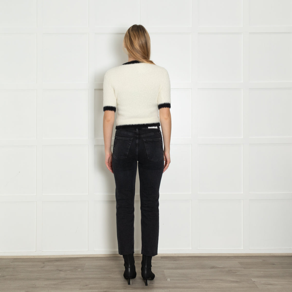 L'Agence Cream Black Gold Button Short Sleeve Cardigan