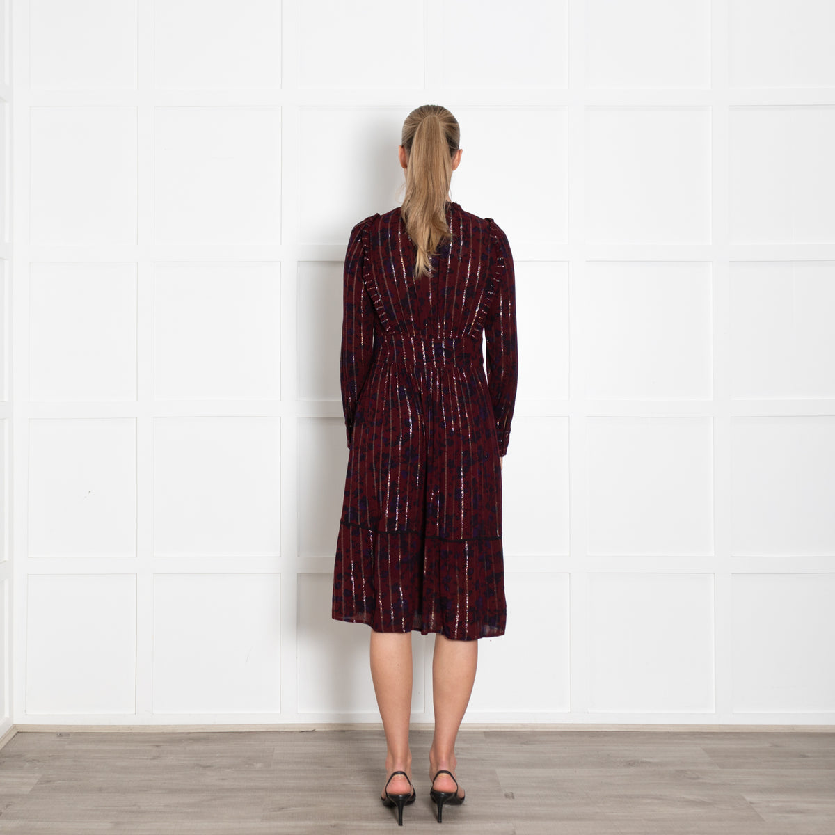 BA&SH Burgundy Navy Silver Tread Midi Long Sleeve Dress