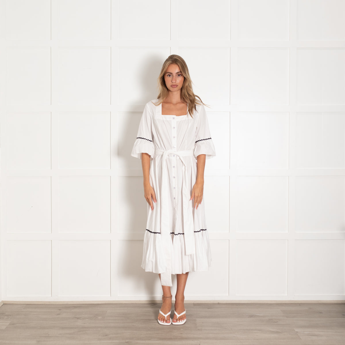 Batsheva Delsey White Cotton Bow Square Neck Midi Dress